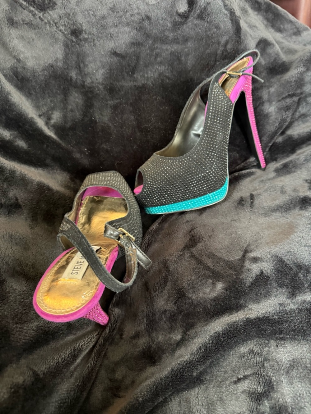 Steve Madden Black Suede Open-Toe Slingback Heels with Pink and Teal Accents